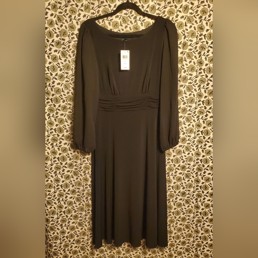 Petite,  Shirred Waist, Sheer l Sleeve Midi Dress - Classic Elegant Style, Black